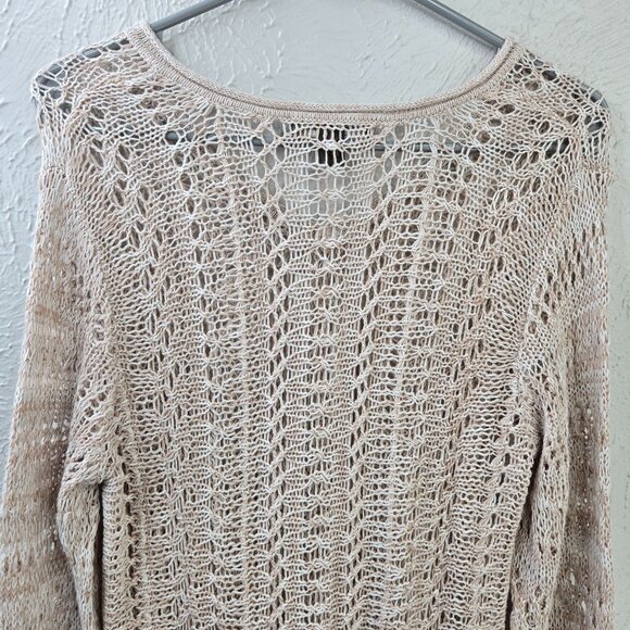 Tommy Bahama Tunic Top Open Knit Crochet M Tan Linen Minimalist Cover Up V Neck - Picture 7 of 12